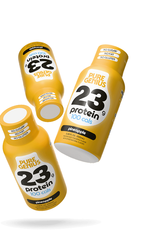 Three bottles of Pure Genius 23g protein shots