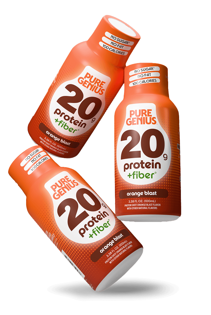 Three bottles of Pure Genius 20g protein shots
