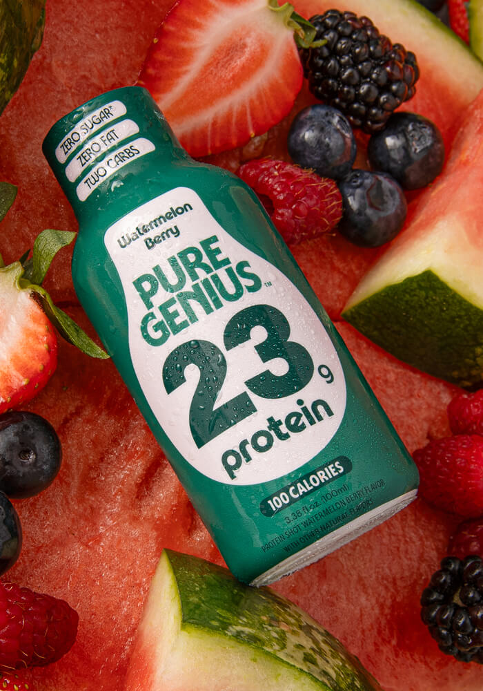 Pure Genius Watermelon Berry protein shot on watermelon and berries