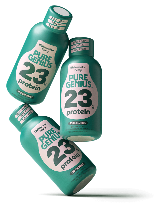 Three bottles of Pure Genius 23g protein shots