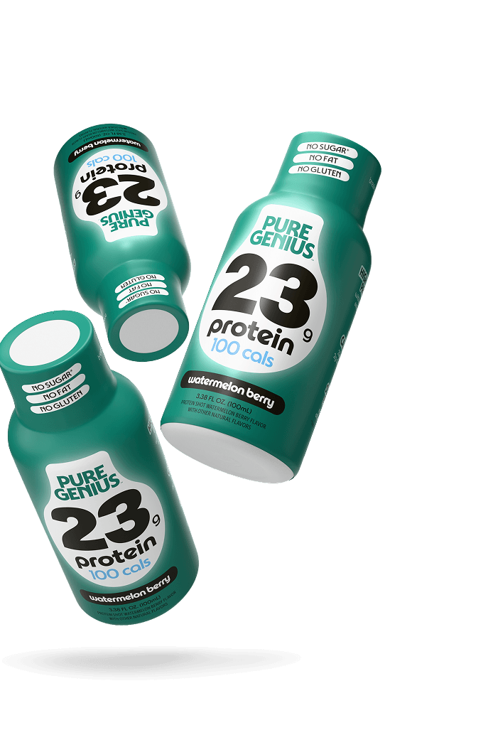 Three bottles of Pure Genius 23g protein shots
